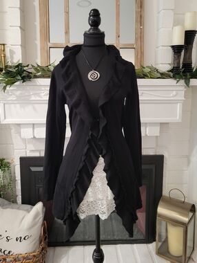 Whimsigoth Black Ruffled One Hook Closure Cotton Blend Cardigan Medium